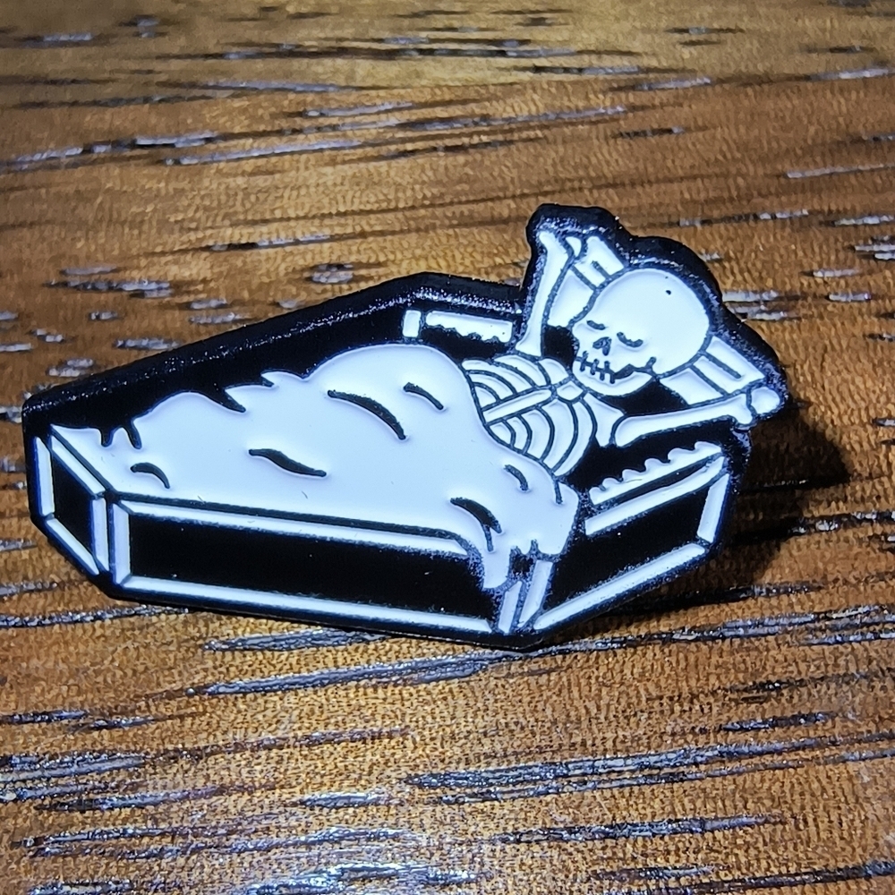 Women’s Jewelry Unique Cute Skeleton in Coffin Enamel Pin - Black and White